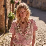 Women's Bohemian Rose Floral Print Patchwork Art Short Sleeve - Image 2