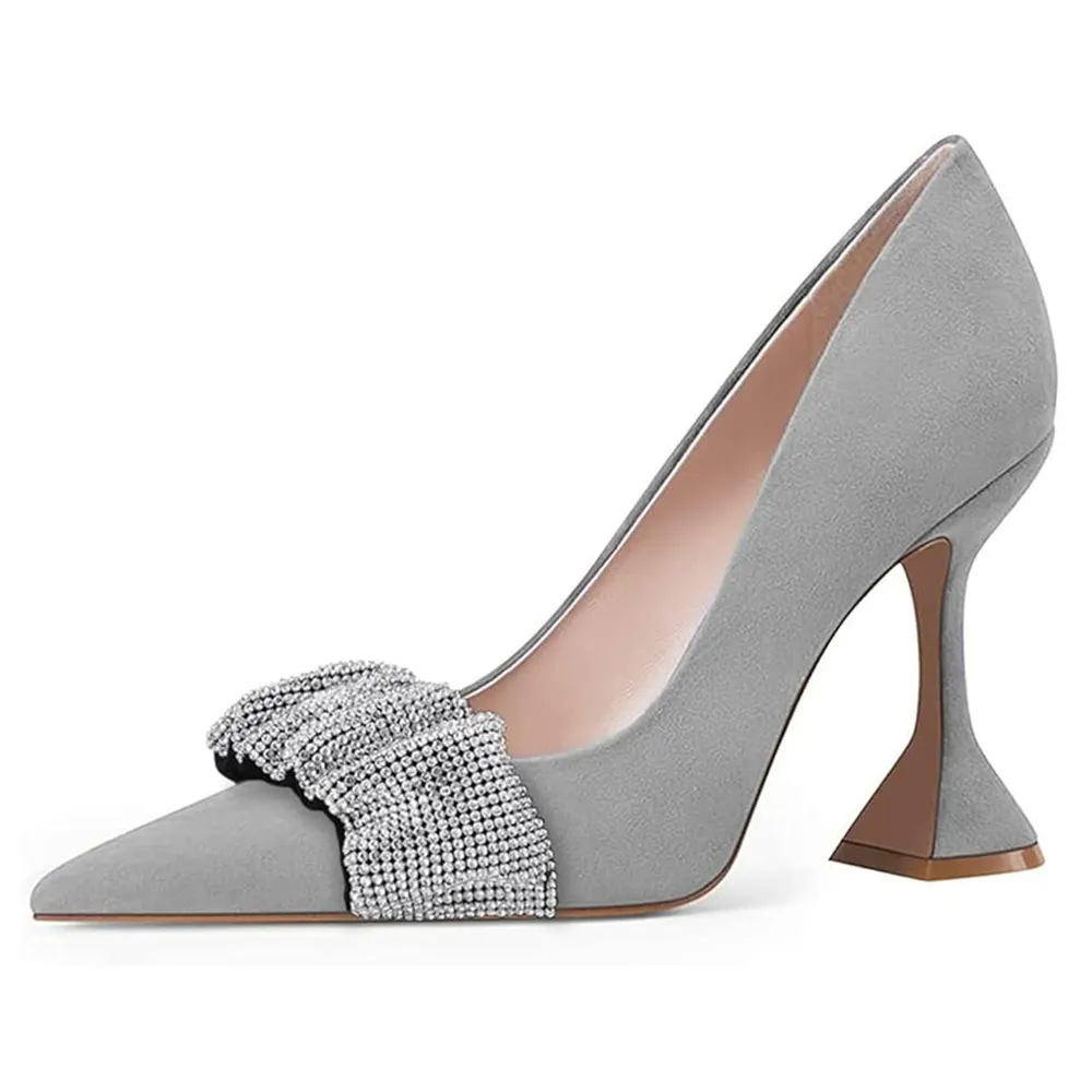 Elegant Grey Vegan Suede Rhinestone Pointed Toe Pumps for Women