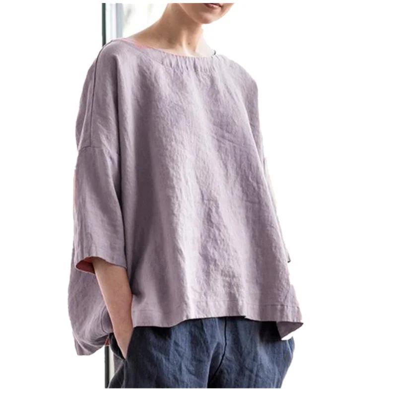 Women's Round Neck Cotton Linen Loose Top Retro Style Three Quarter Sleeves