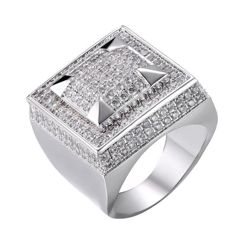 Hip Hop Full CZ Charm Iced Out Bling Square Ring-VESSFUL