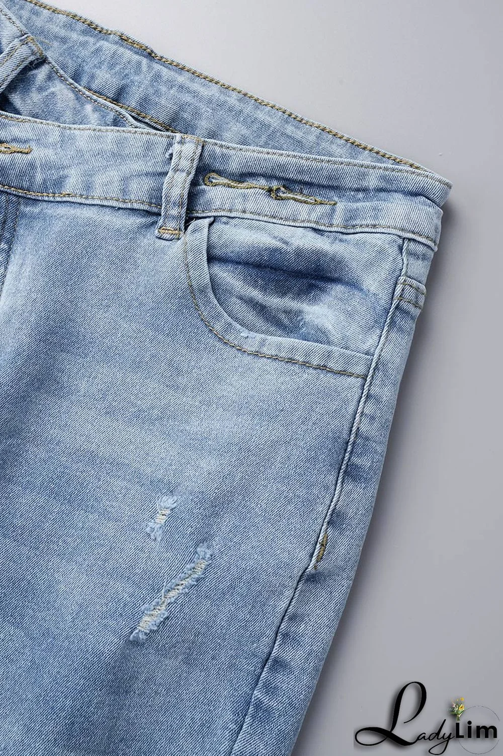 Light Blue Street Solid Ripped Patchwork High Waist Denim Jeans