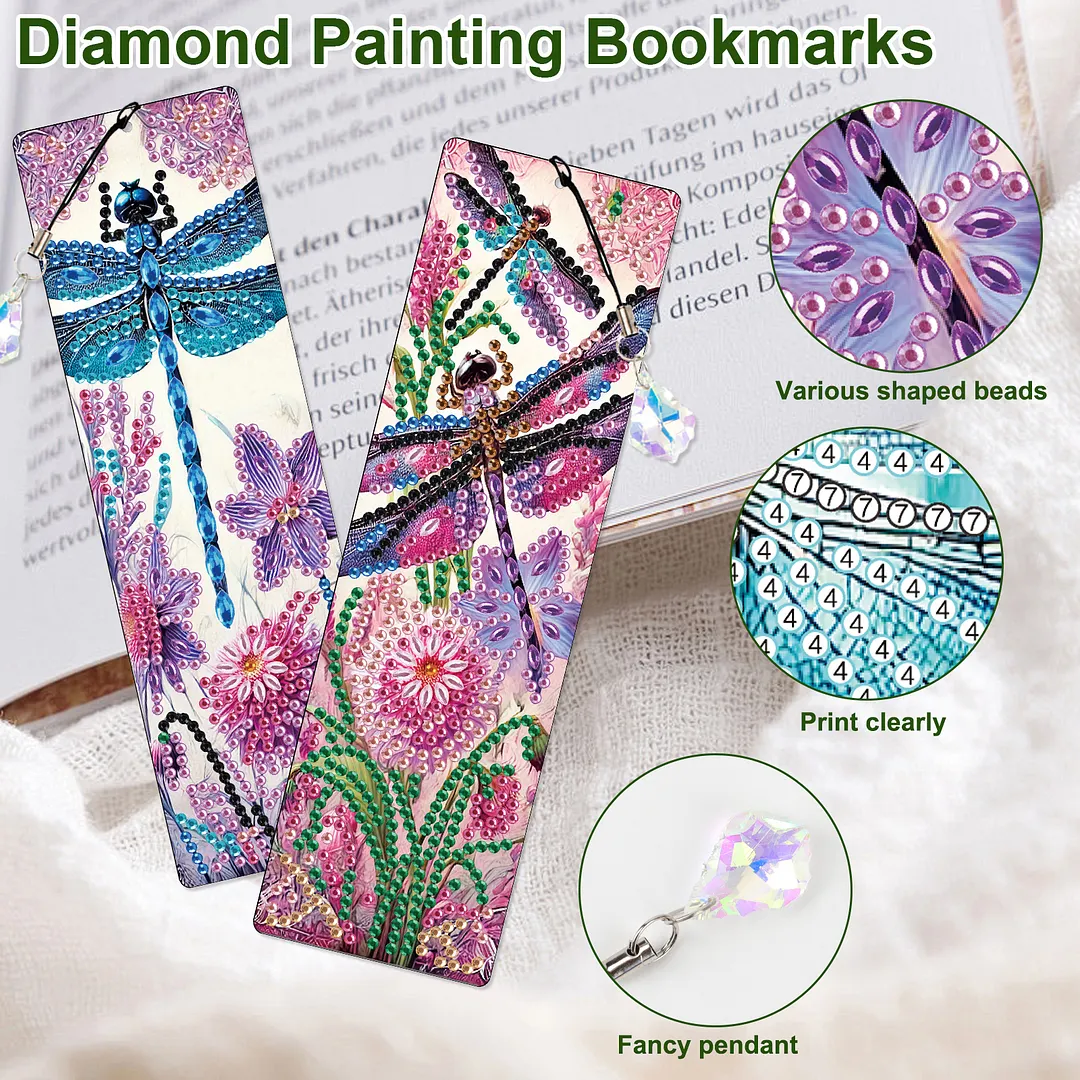 4Pcs Dragonfly Among Flowers DIY Diamond Bookmark Art Projects Irregular Shaped Diamonds Diamond Painting Art Bookmarks with Crystal Pendants for DIY Making Beginners Adult Art Craft Supplies