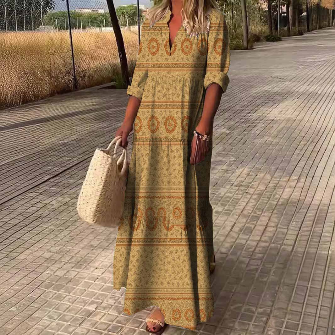 Women Retro, Khaki DZDN0335 SPU Printed Long Sleeve V-neck Maxi Dress