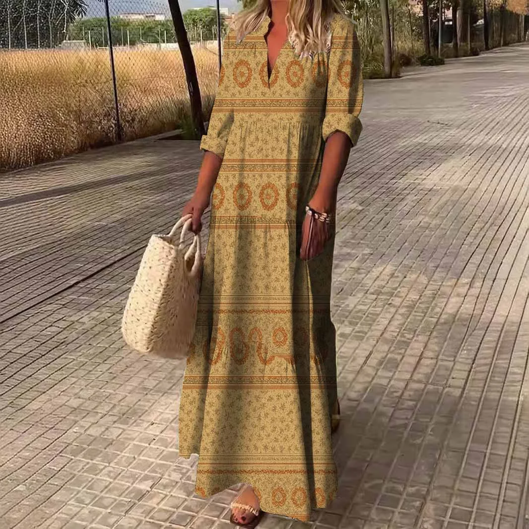 Women Retro, Khaki DZDN0335 SPU Printed Long Sleeve V-neck Maxi Dress