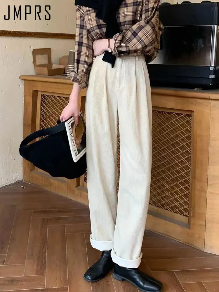 Oocharger High Waist Women Vintage Corduroy Pants Straight Casual Spring Trousers Koran Vintage Coffee Pockets All Match Pants New