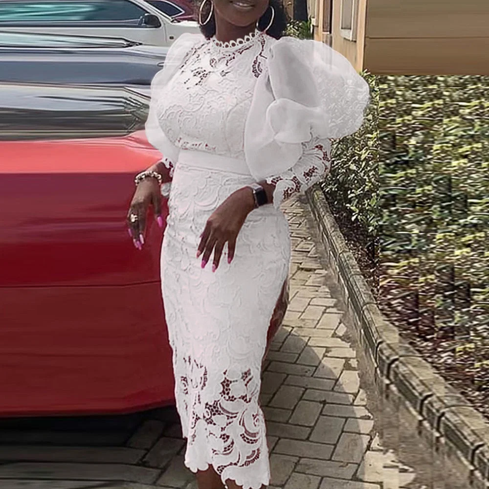 Uveng Round Neck Lace Basic Model Puff Sleeve Three-quarter Slim-fit Party Dress