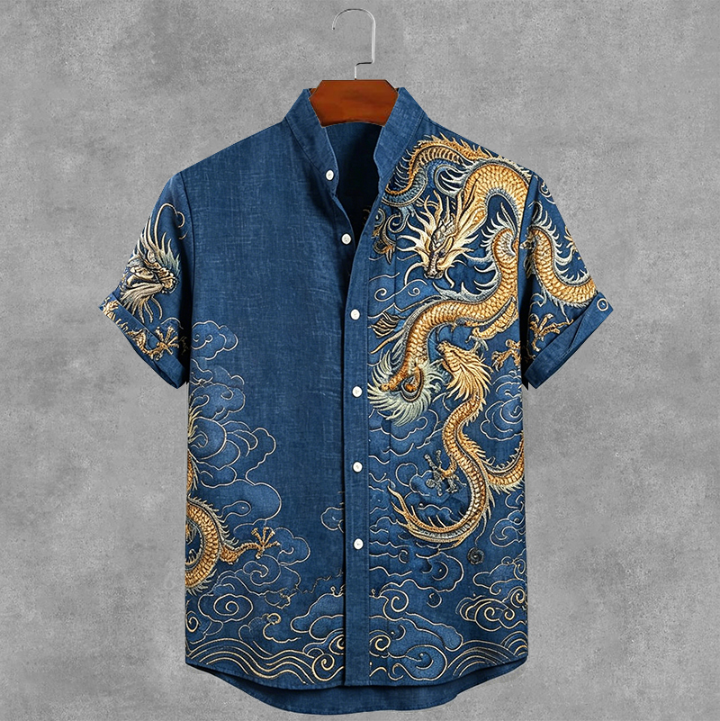 Men's Japanese Dragon Art Print Short Sleeve Shirt elevenforest