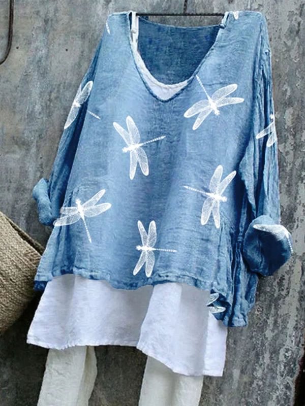 V-neck Dragonfly Print Long-sleeved Fashion Blouse