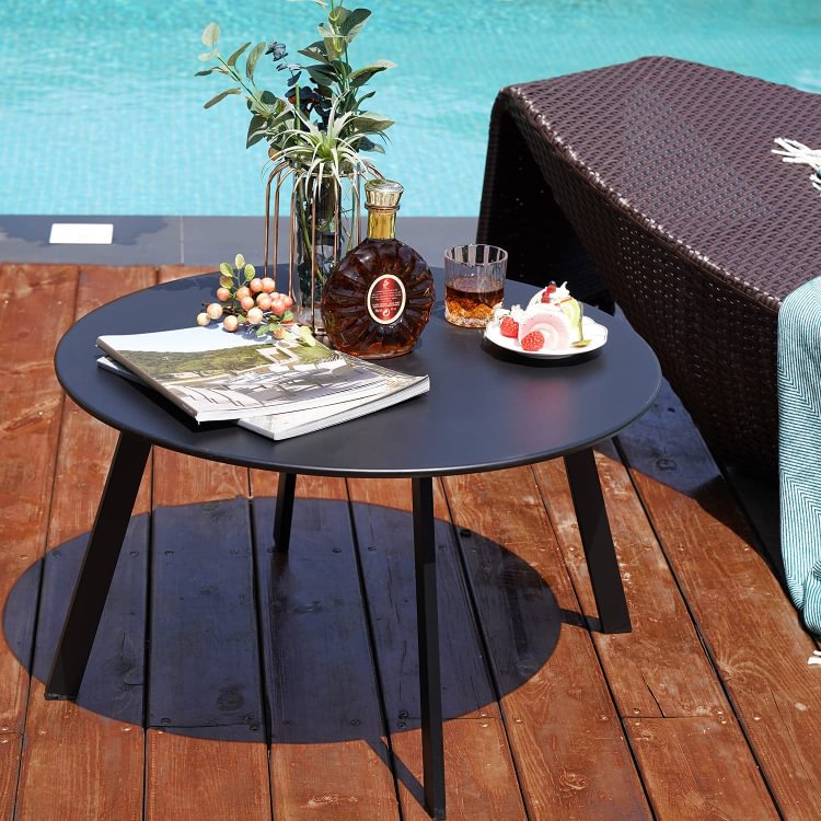 Round Steel Patio Coffee Table, Weather Resistant Outdoor Large Side Table (Black)