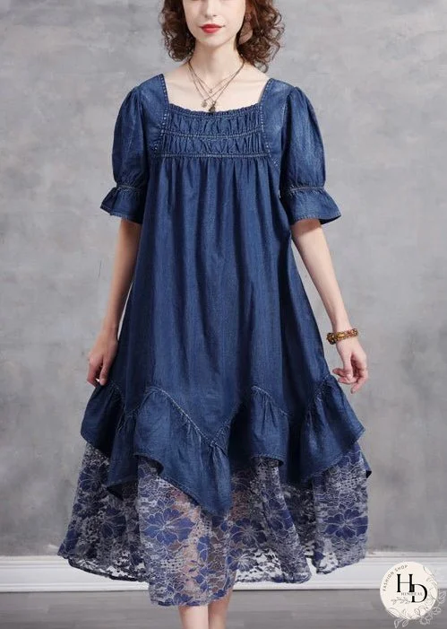 Unique Blue Square Collar Patchwork Lace Cotton Denim Dress Short Sleeve