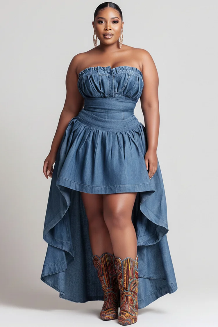 Xpluswear Design Plus Size Party Sundress Blue High Low Hem Tencel Denim Mini Dresses [Pre-Order] 2024 - Xpluswear