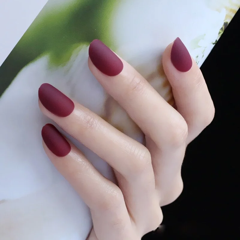 24pcs/set Black Round matte false nails Short Full Cover Frosted Ballerina Nail Tips Red small round oval fake nails art set-Nail Inspo