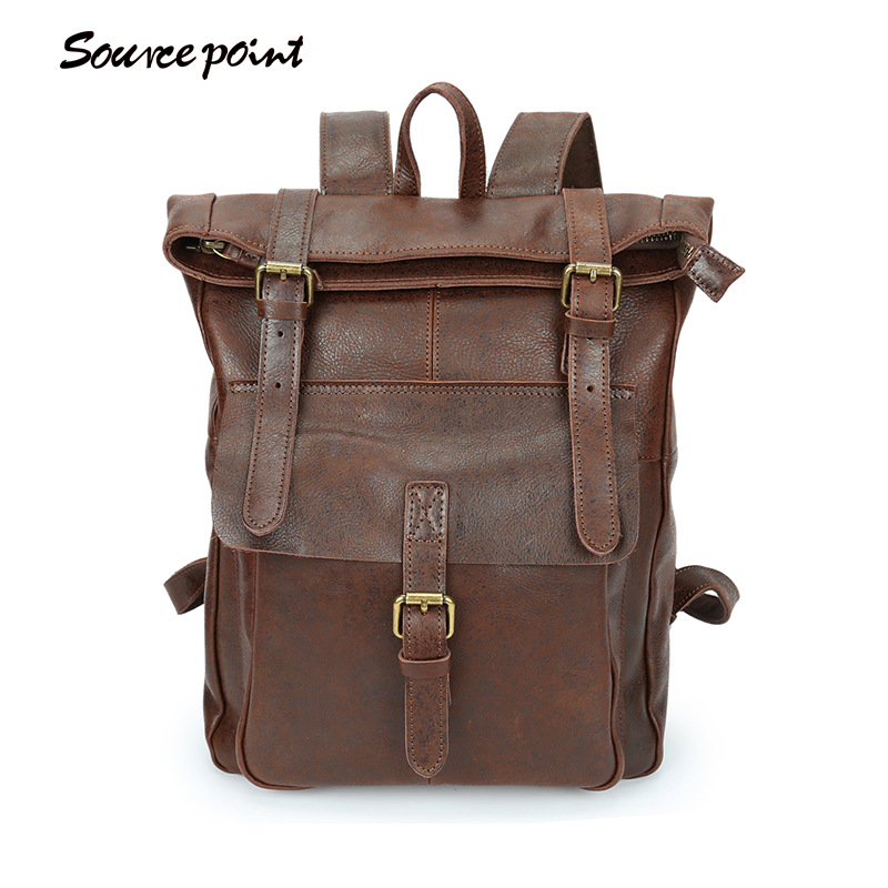 Satchel And Fable Men Women College Vintage Book Bag Fashion Anti-Theft Travel Leather Rucksack Roll Backpacks with fit 15.6 Inch Laptop Dark Brown