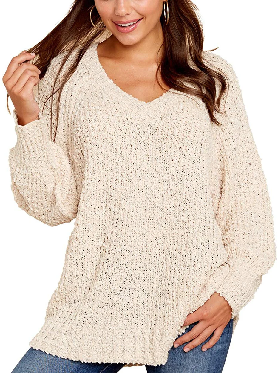 Women’s Winter Fuzzy Popcorn Sweater V Neck Long Sleeves Loose Fit Sweatshirt Solid Tops Pullover