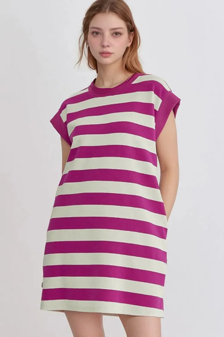 Stripe Cap Sleeve Pocketed Shift Tee Dress