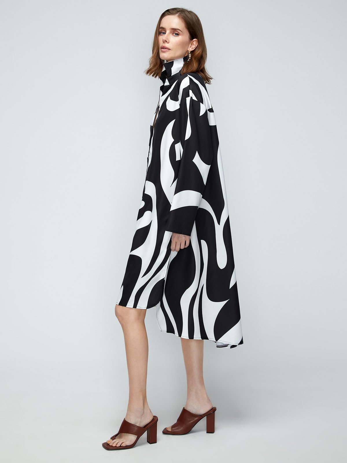 Women Blue Chevron Printed Shirt Collar Cotton Maxi Dress