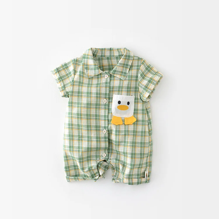 Baby Boy 98% Cotton Summer Green Gingham Lovely Duck Pocket Button Up Romper