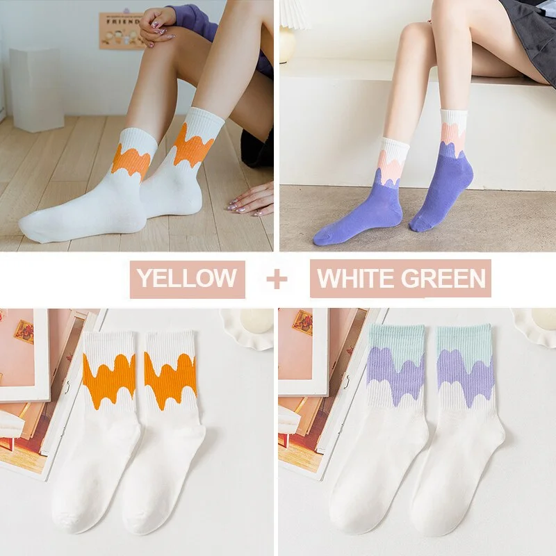 FINETOO 2Pairs/lot Women Midi Tube Socks Female Autumn Winter Candy Colors Korean Japanese Stitching Cotton Girls Graffiti Sock