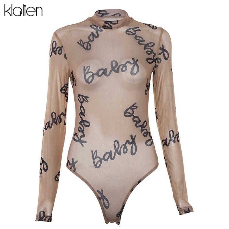KLALIEN 2021 Summer Sexy Letter Print Transparent Mesh Bodysuits Long Sleeve See Through Baby Bodycon Rompers Women Jumpsuits
