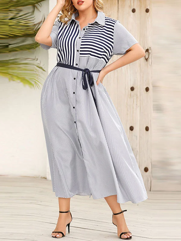 Buttoned Split-Joint Striped Tied Waist Loose Plus Size Lapel Shirt Dress Maxi Dresses