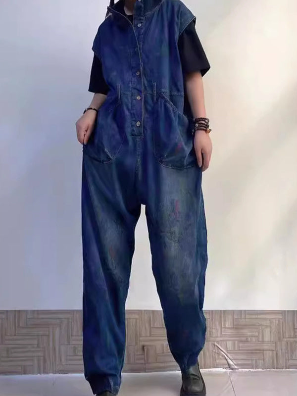 Women's Printed Gradient Casual Retro Wide-leg Workwear Denim Overalls Jumpsuit