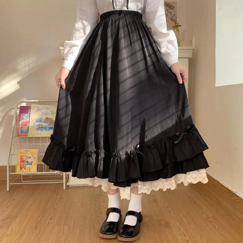 Huibahe Lolita Long Skirt Women Elastic Waist A-line Japanese Fashion Lace Patchwork Fairy Ruffle Skirt Autumn Mori Girl