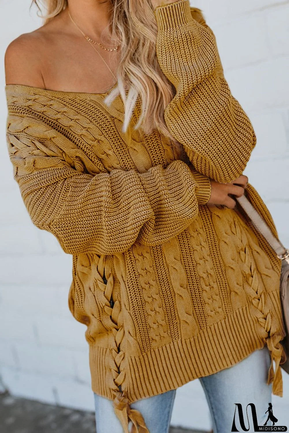 MidiSono - Love Letters Cable Knit Lace Up Sweater