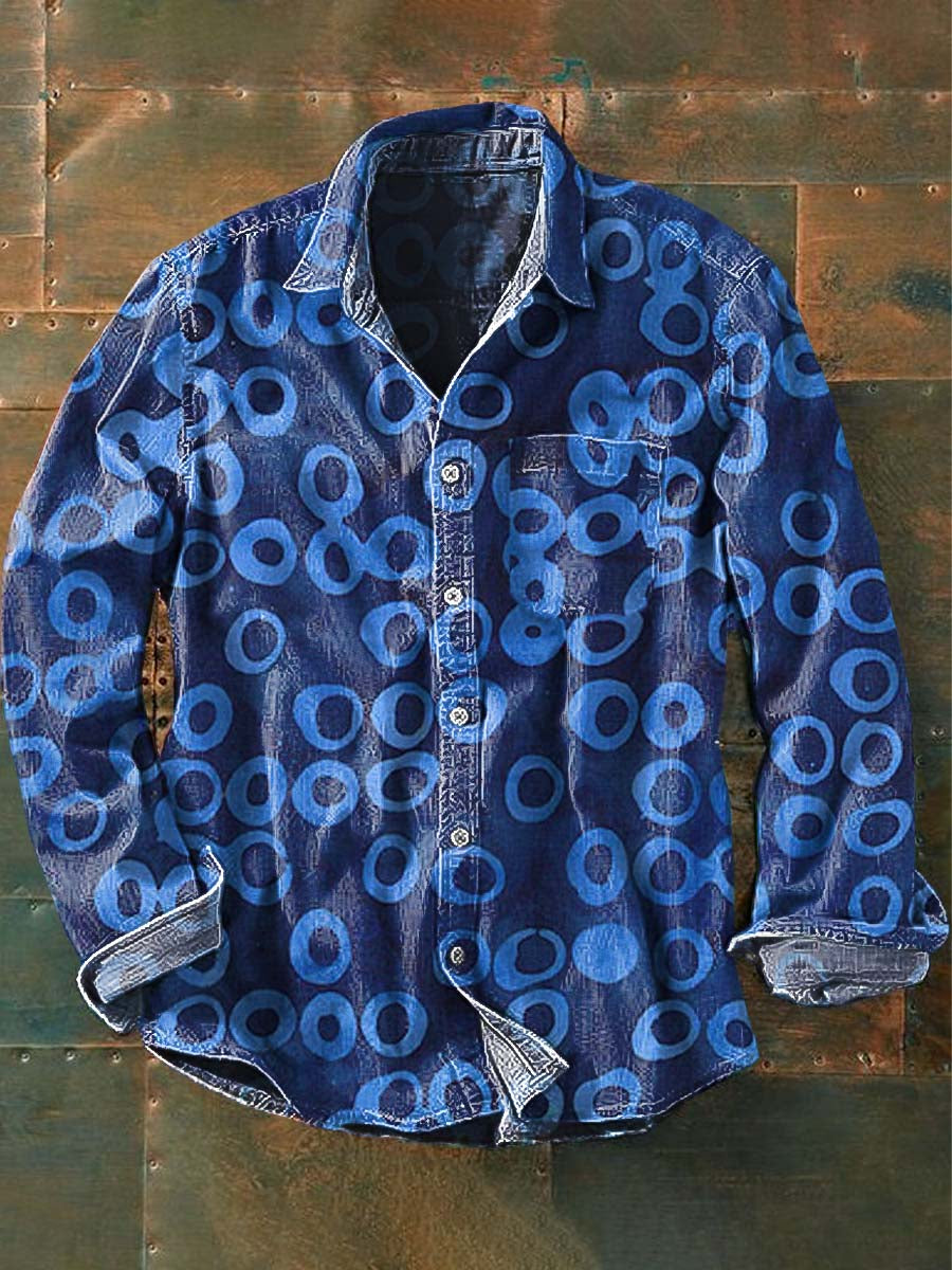 Men's Retro Circle Print Casual Lapel Long Sleeve Shirt
