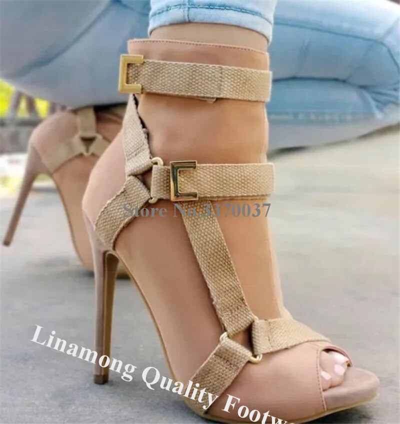 VCSHOES Peep Toe Stieltto Heel Metal Buckle Short Gladiator Boots Nude Black Army Green High Heel Ankle Booties Heels
