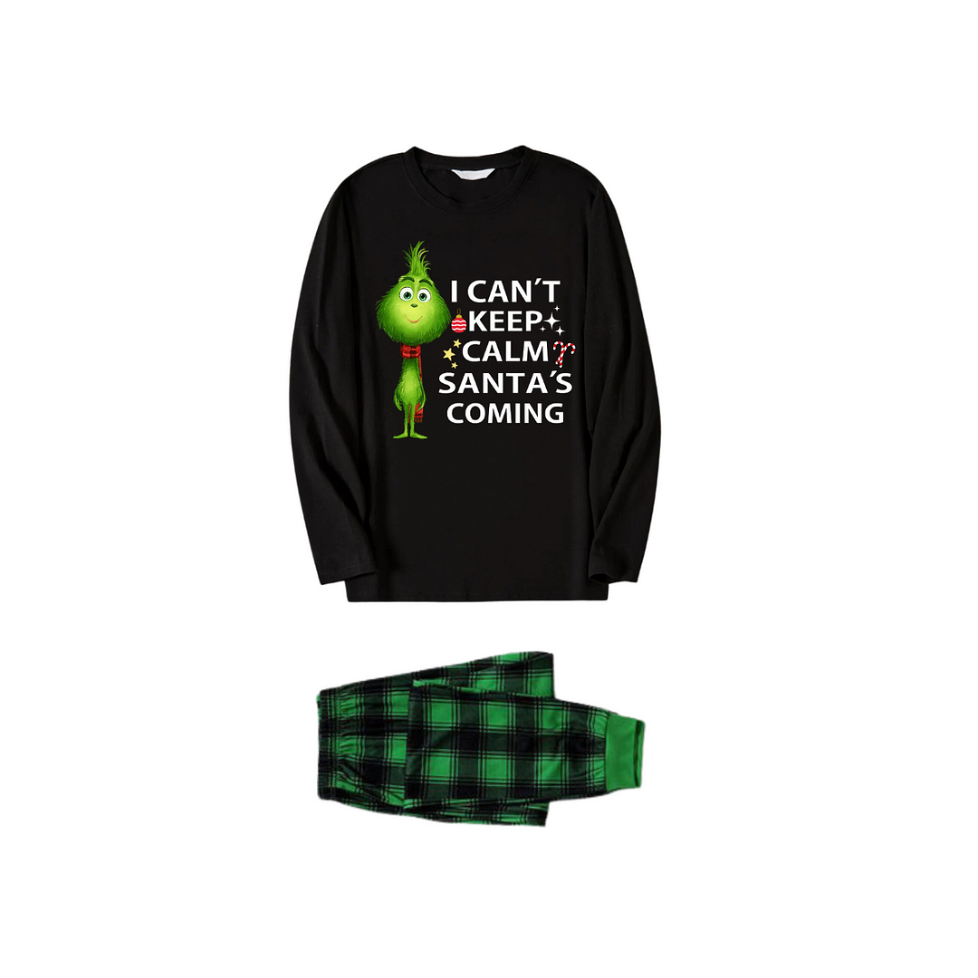 "I Can't Keep Calm, Santa's Coming" Slogan Printed Black and Green Plaid Christmas Matching Pajamas