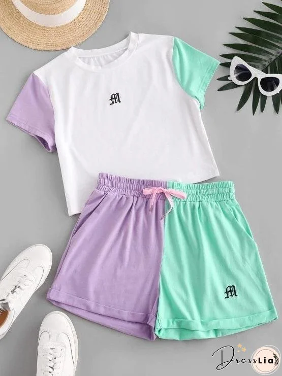 Drawstring Colorblock Embroidered Two Piece Set