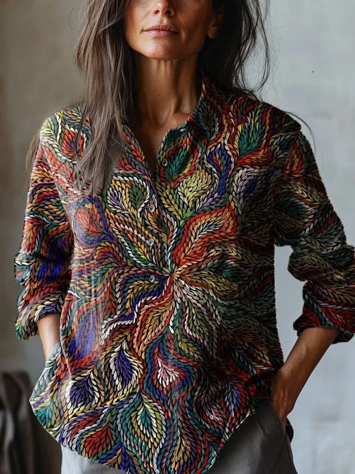 Stitch Texture Pattern Printed Women's Casual Cotton And Linen Shirt