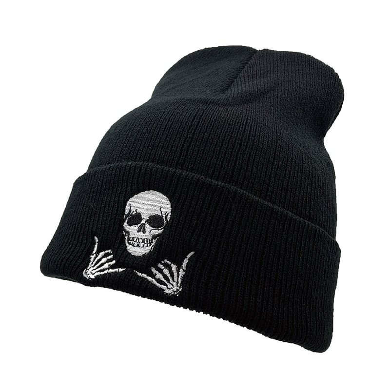 Embroidery Skull Y2K Black Beanies Knitted Hat for Men-VESSFUL