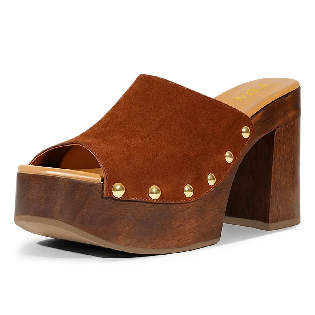 Brown Vegan Suede Open Toe Studded High Heel Mules with Platform
