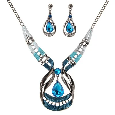 Fashion Luxurious Atmospheric Water Drop Gemstone Earrings Set Necklace