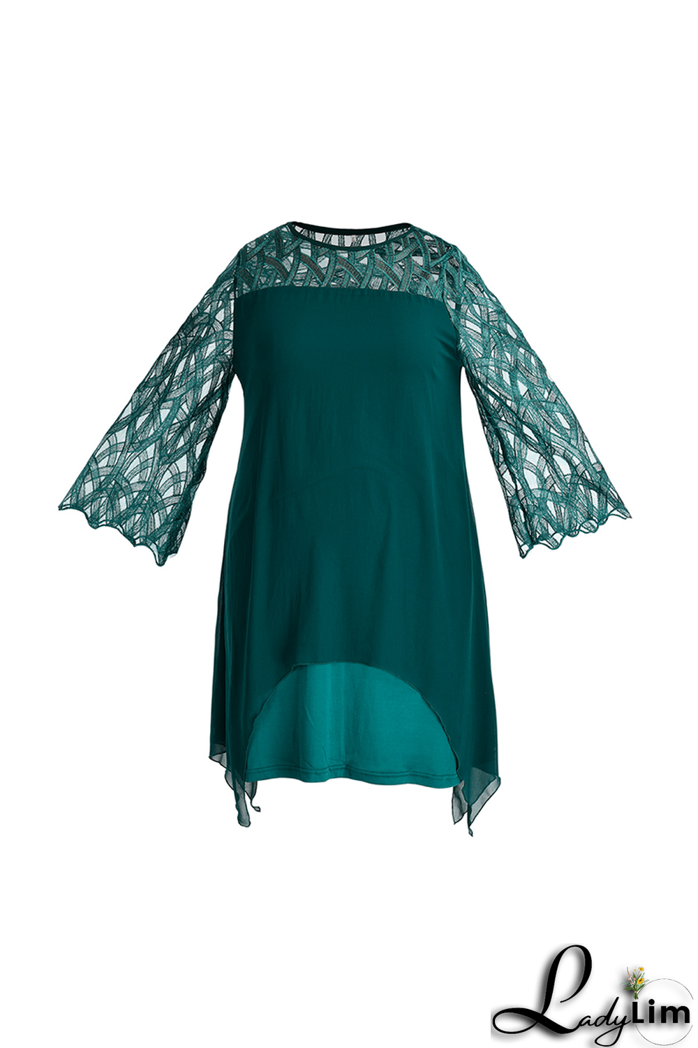 Ink Green Casual Solid Lace O Neck Straight Plus Size Dresses