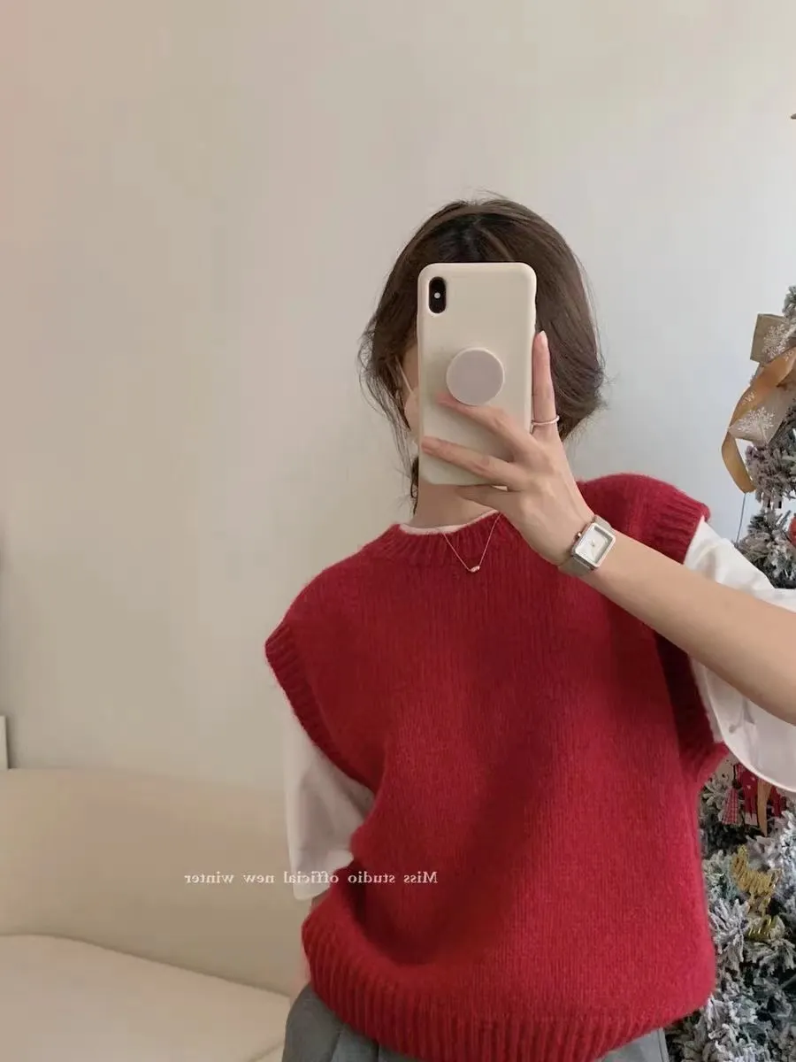 Churchf Churchf Autumn Round Collar Solid Color Knit Sweater Fold Wear Vest New This Year Popular Clip Outside The Foreign Style Vest Female