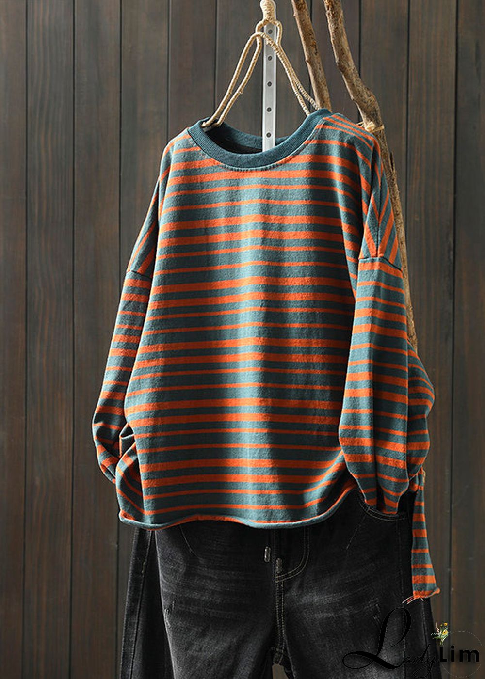 Plus Size Green O Neck Striped Patchwork Cotton T Shirt Top Fall