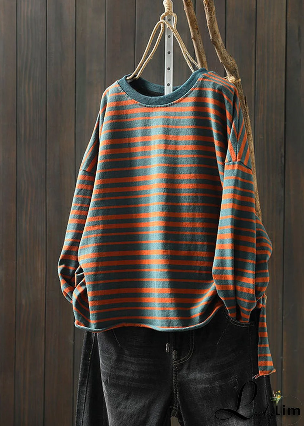 Plus Size Green O Neck Striped Patchwork Cotton T Shirt Top Fall