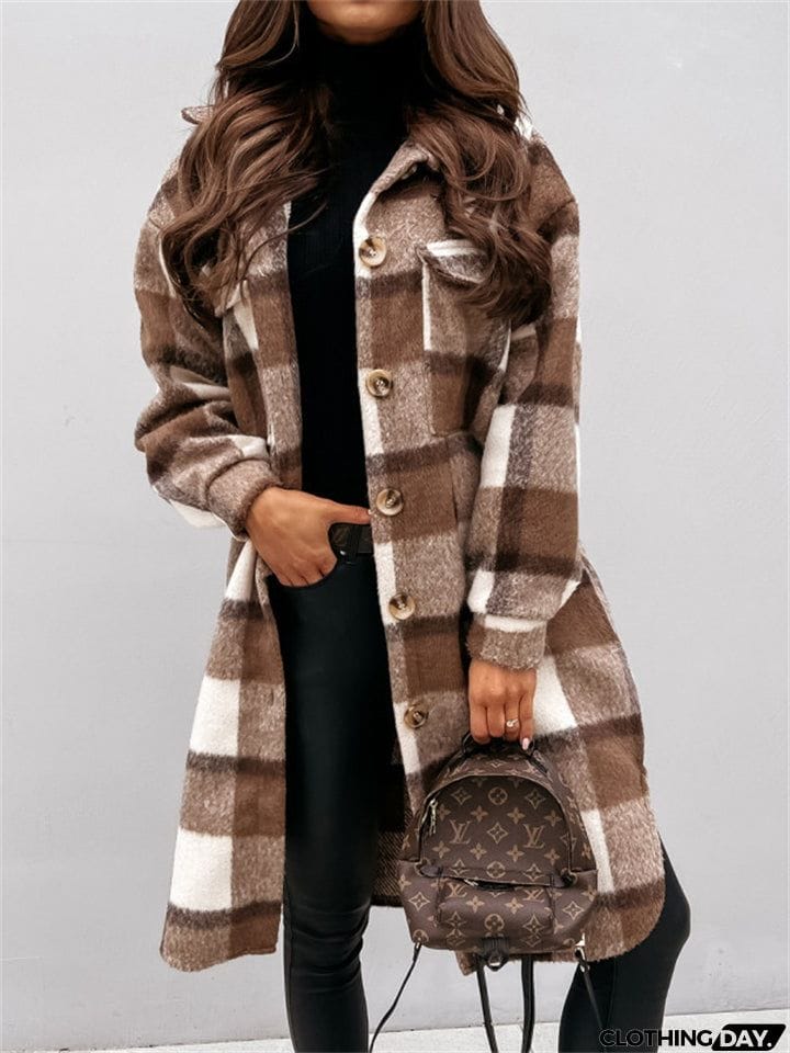 Women's Fashion Long Plaid Shacket Coat
