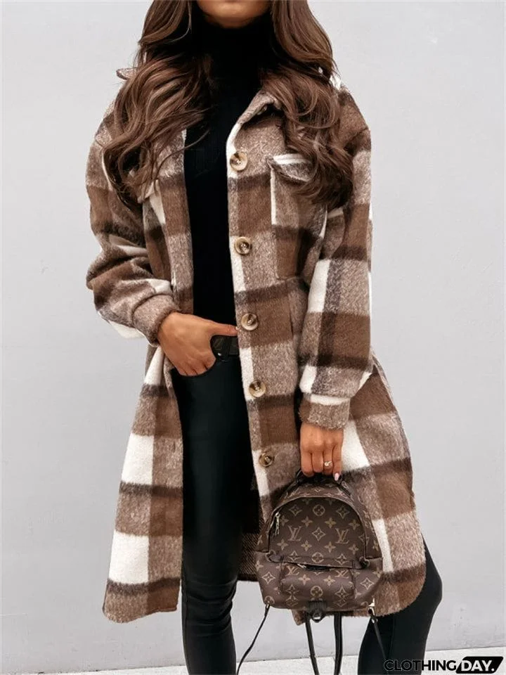 Women's Fashion Long Plaid Shacket Coat