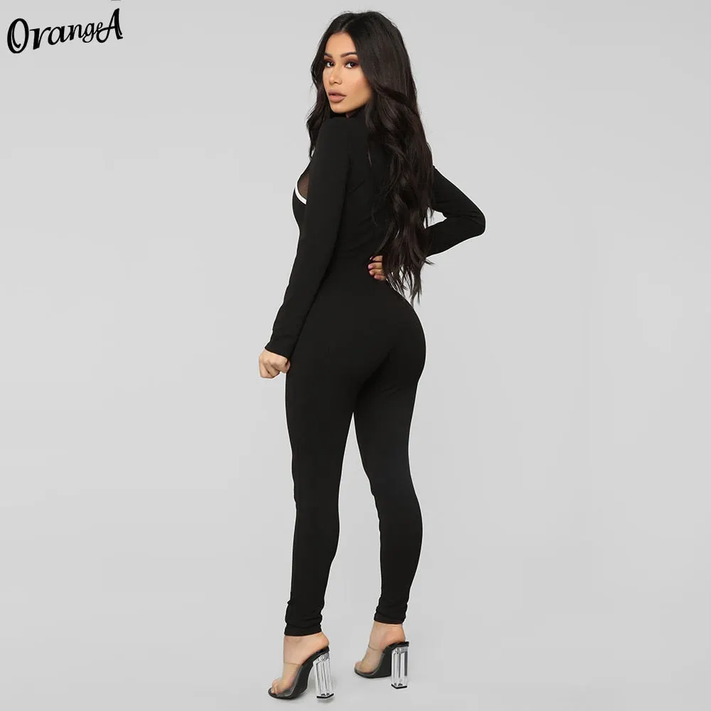 OrangeA Long Sleeve Women Jumpsuits Mesh Striped Patchwork Sporty Workout Active Wear Zipper Fitness Streetwear Skinny Outfits