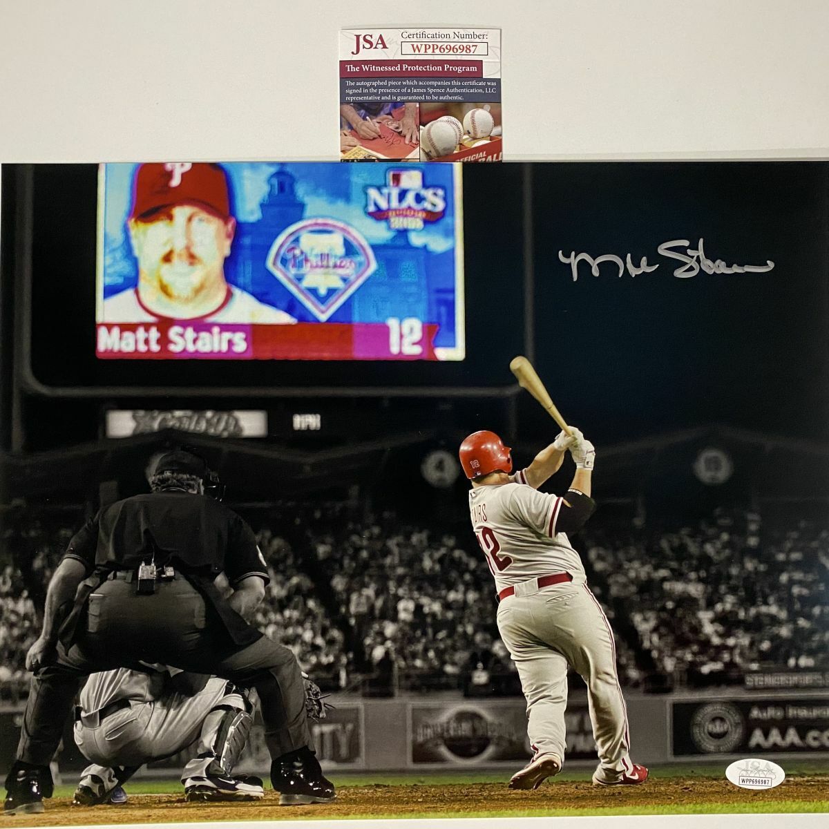 Autographed/Signed MATT STAIRS Moon Shot Phillies 11x14 Baseball Photo Poster painting JSA COA