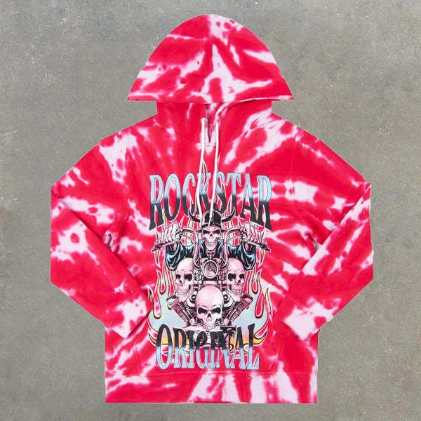 Pink And White Smudged Motorcycle Skull Lazy Street 3D Printing Loose Hooded long-sleeved Sweater Hoodie at Hiphopee