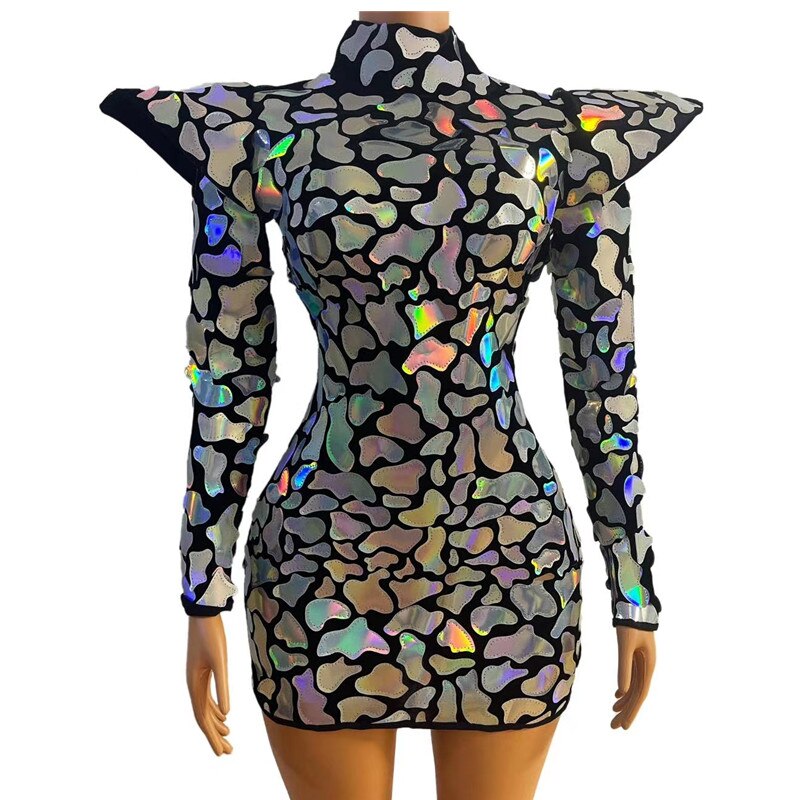 VCSHOES Glitter Silver Laser Mirror Sequins Short Dress Bar Nightclub Women Singer Stage Performance Costume Party Show Dance Clothes