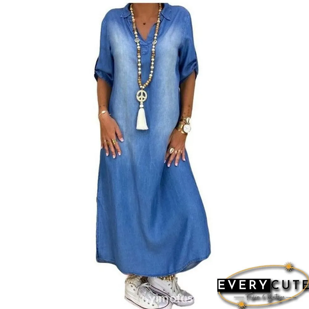 Plus Size Womens Casual Denim Long Maxi Dress Ladies Summer Loose Jeans Sundress
