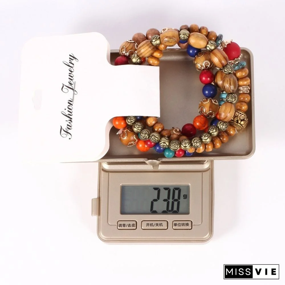 4pcs/set Wooden Beads Bracelet Multicolor Women Boho Bangles With Hollow-out Pendant