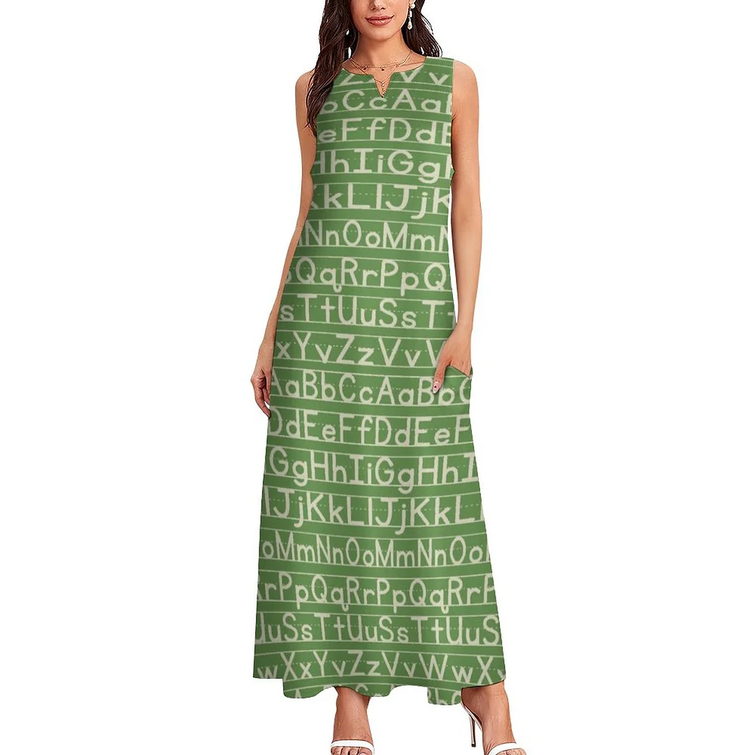 Alphabet Womens Plus Size Long Boho Dresses Loose V Neck Sleeveless Maxi Dress with Pockets