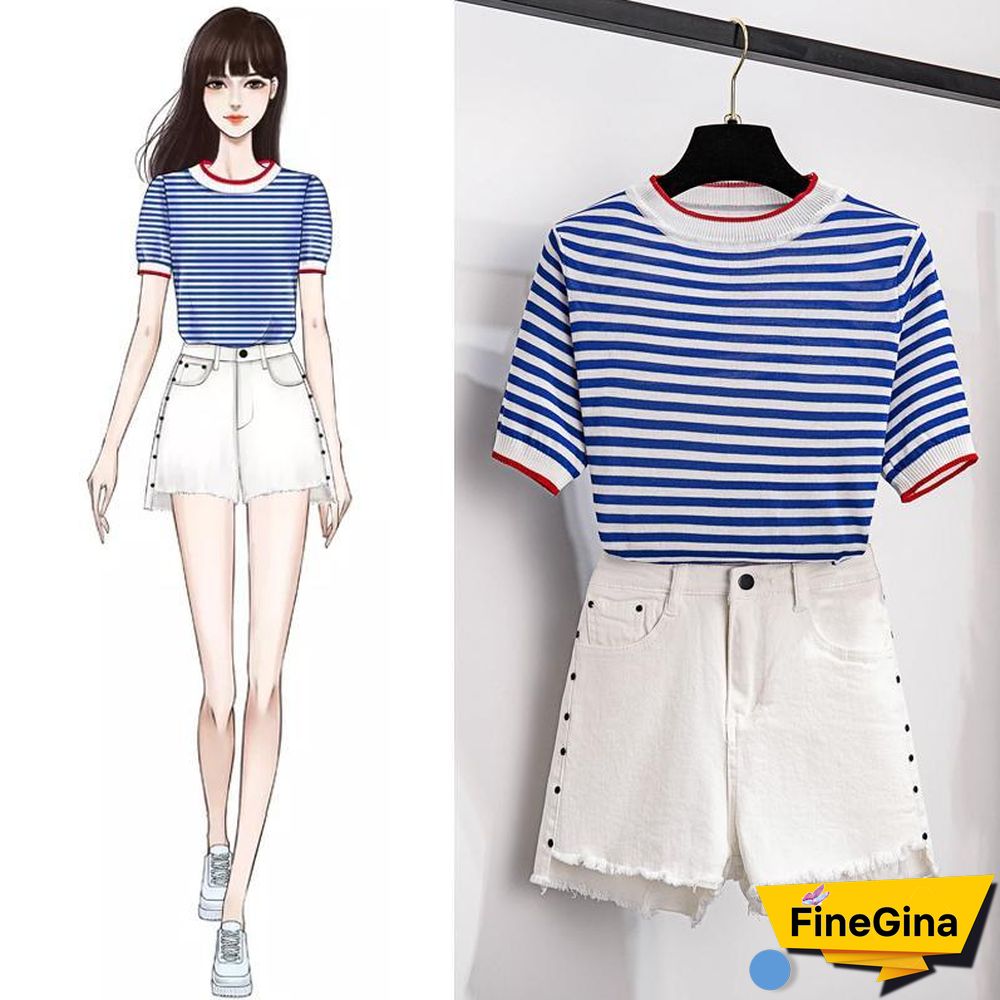 Stripe Knit Tee+Denim Shorts P15526