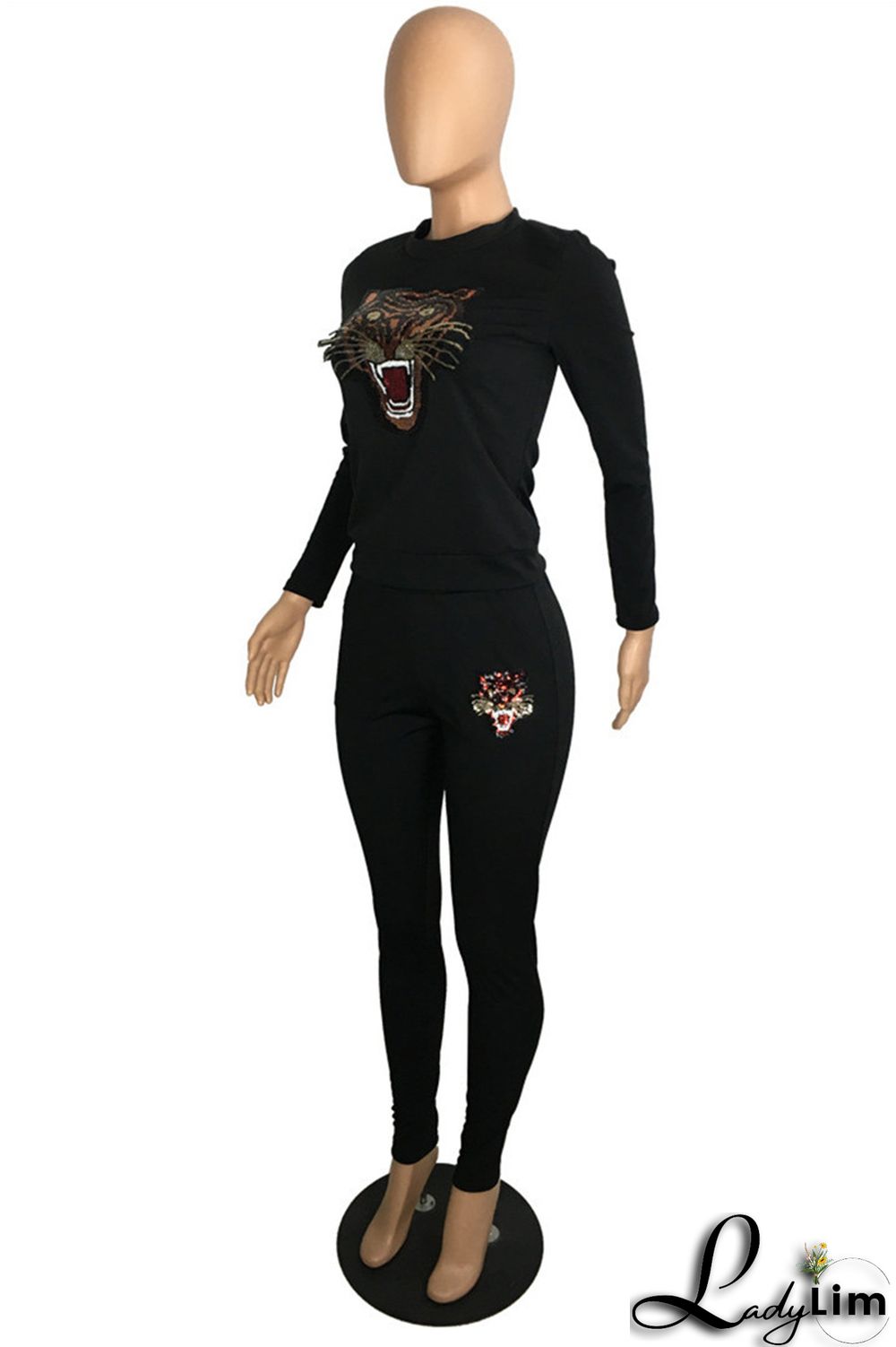 Black Fashion Casual Patchwork Sequins O Neck Long Sleeve Two Pieces